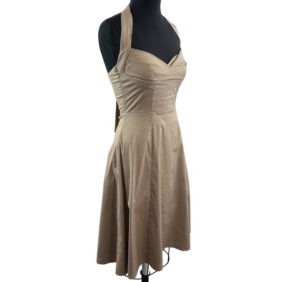 Le Chateau Tan/White Polka Dot Halter Dress Retro Pinup Girl Sweetheart Neck S - Picture 1 of 8